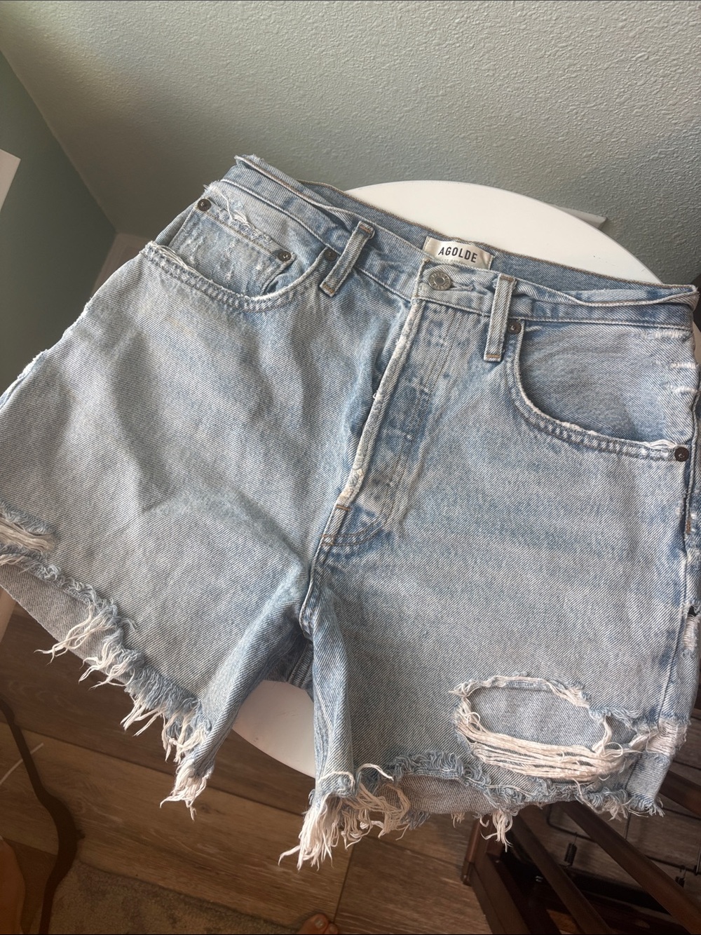 Agolde Light Wash High-Rise Distressed Denim Shorts
